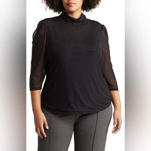 T. Tahari black mesh 3/4 sleeve turtleneck blouse 1X NWT